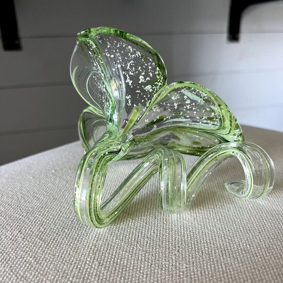 Genuine Murano Flower Vase Hand Blown Art Glass 3-Petal Green White Italy EUC - Picture 8 of 13